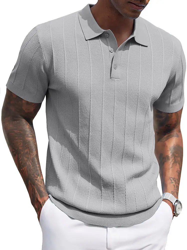 Ribbed Textured Knit Polo Shirt
