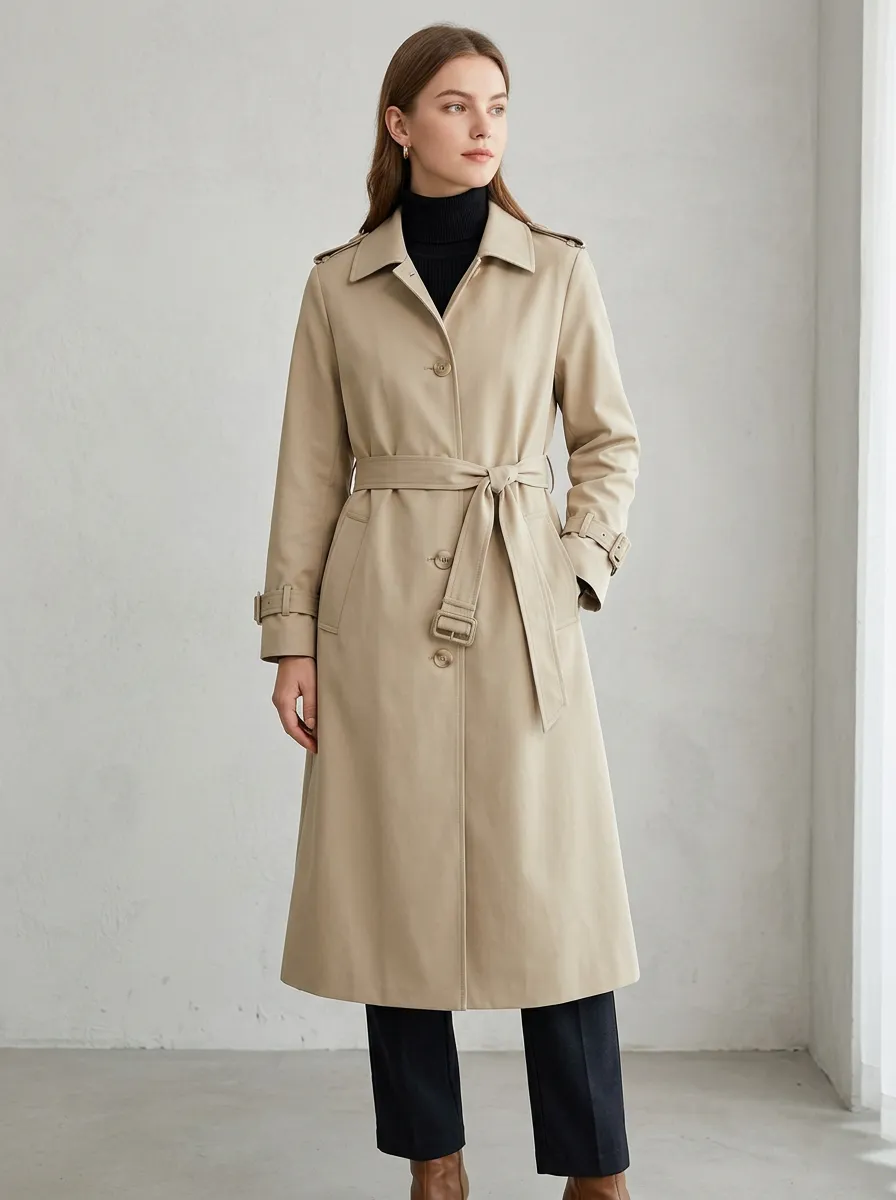 Women's Classic Refined Belted Classic Long Trench Coat
