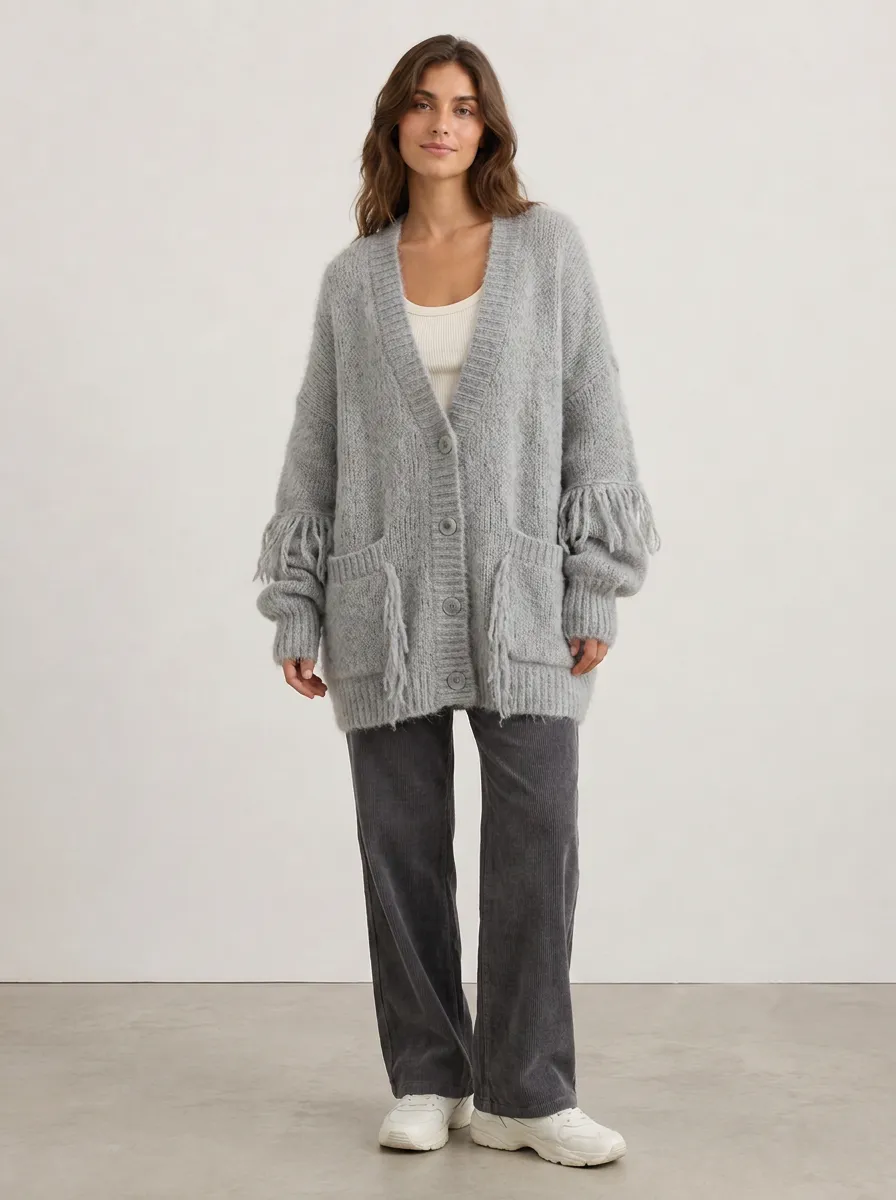 Women's Casual Grey Fringe Detail Knitted Cardigan Top