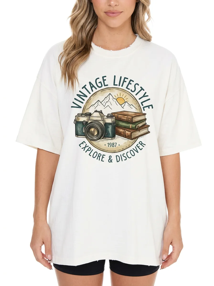 Women's Vintage Lifestyle Camera Books Mountain Graphic T-shirt Sweatshirt