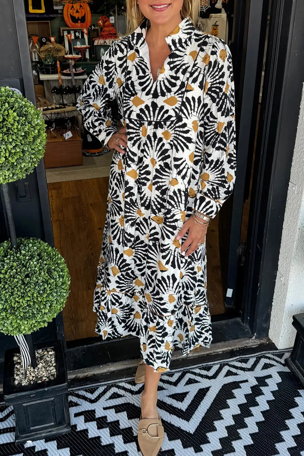 Maxi Abstract Floral Print Split V Neck Long Dress