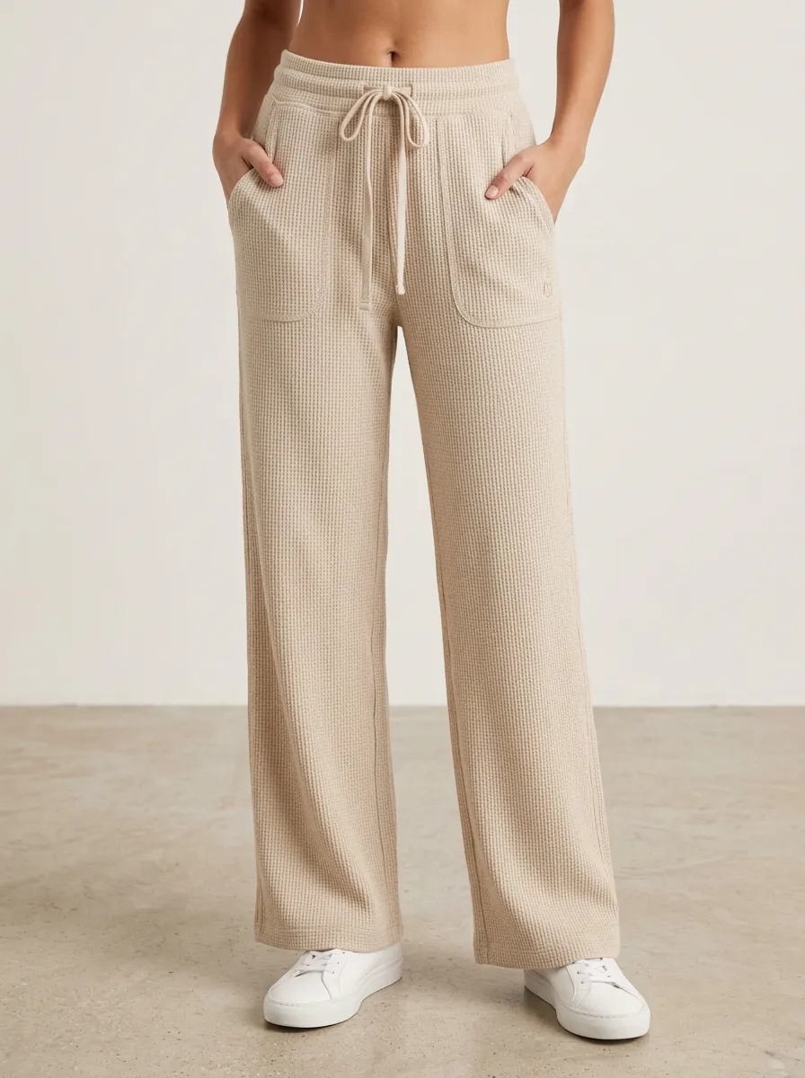 Women's Casual Lounge Beige Waffle Knit Drawstring Pants