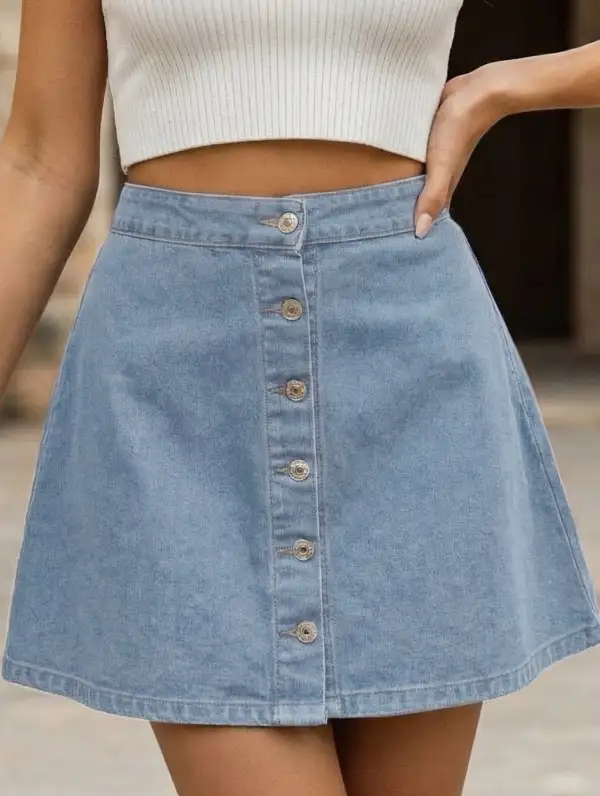 Denim Washed Button Front A-Line Mini Skirt