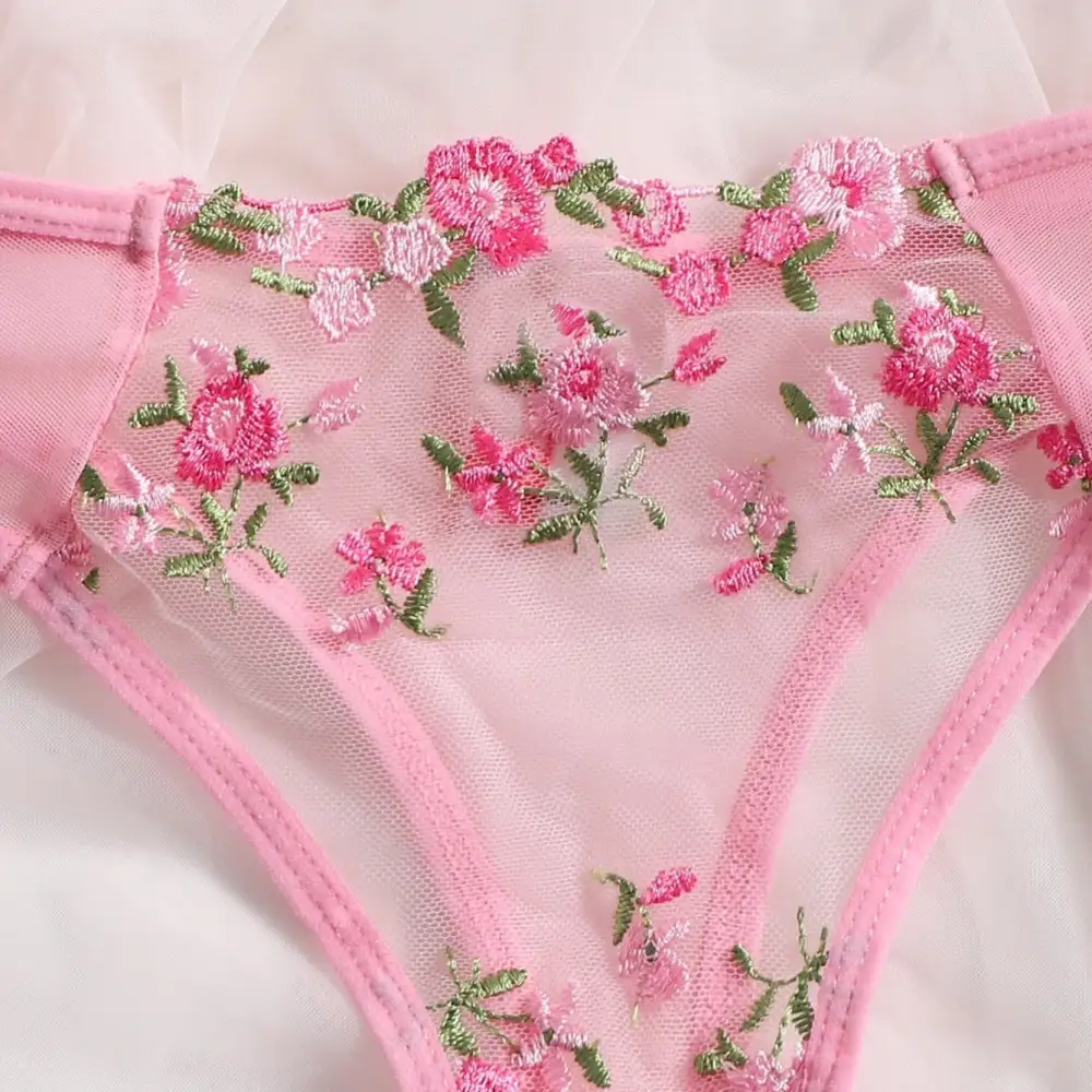 Floral Mesh Thong Lingerie Set