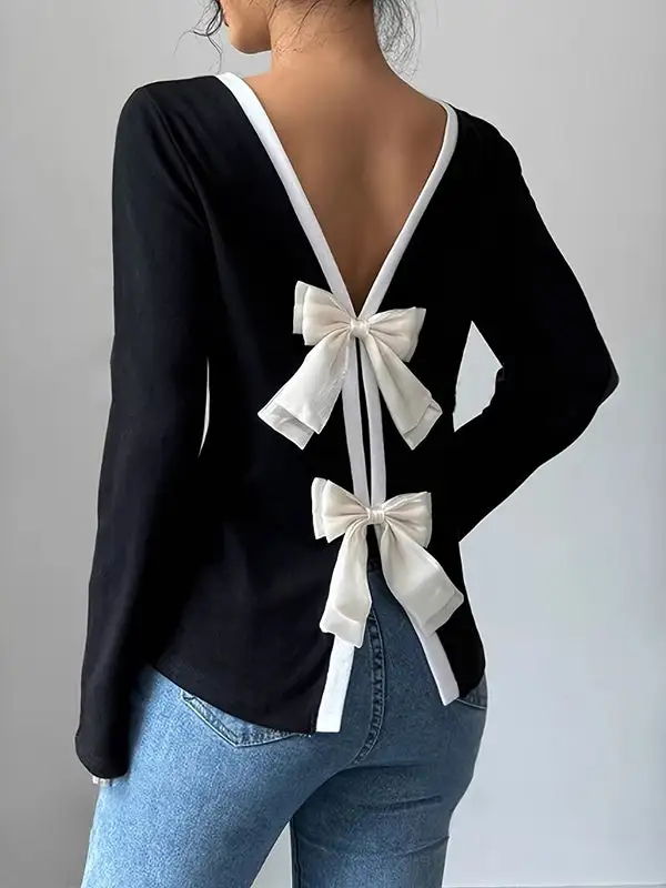Long Sleeve Relaxed Bowknot Cutout Split Back Panel Detail Round Neck T-Shirt