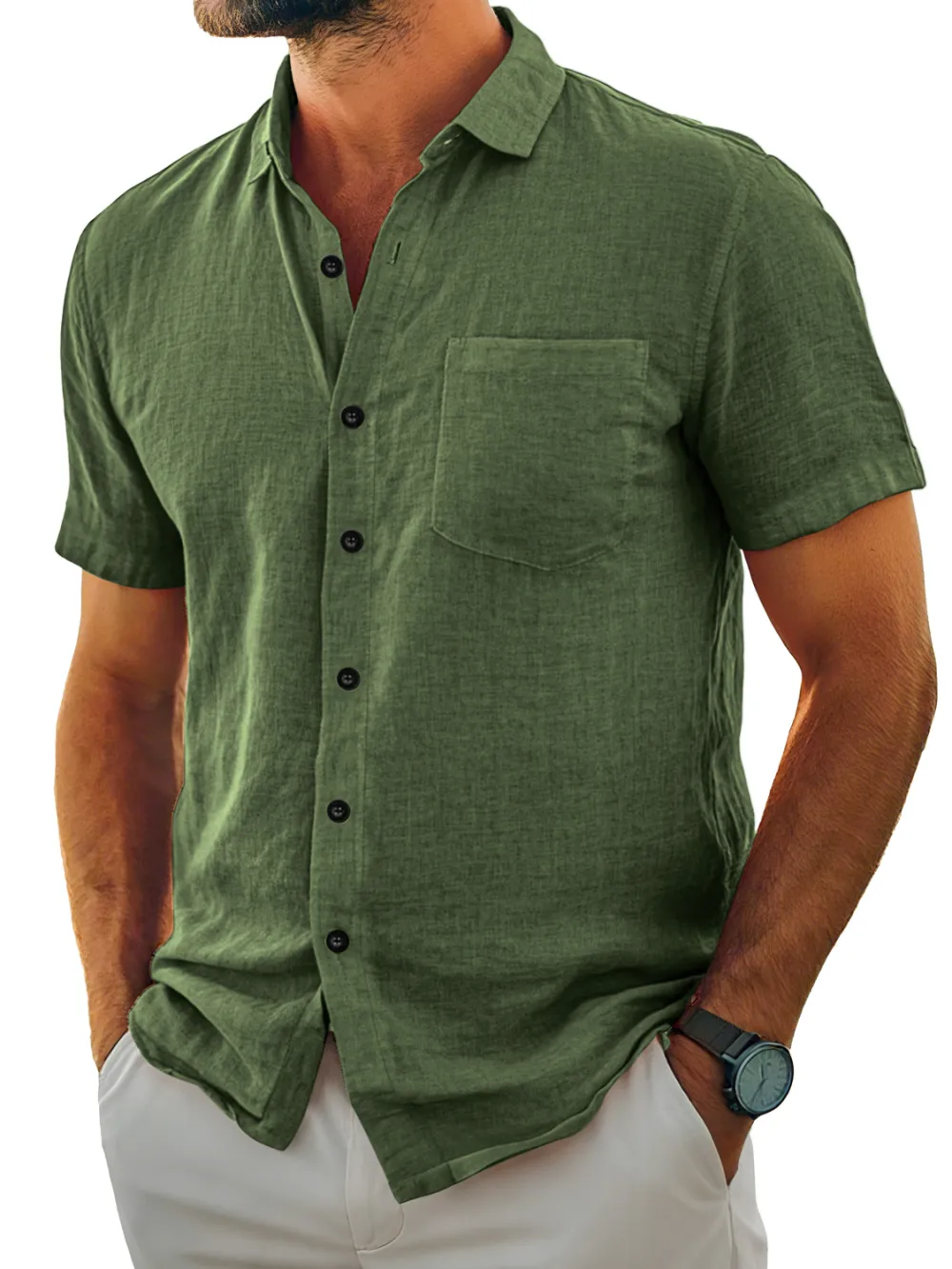 Clean Line Short Sleeve Open Collar Pocket Shirt
