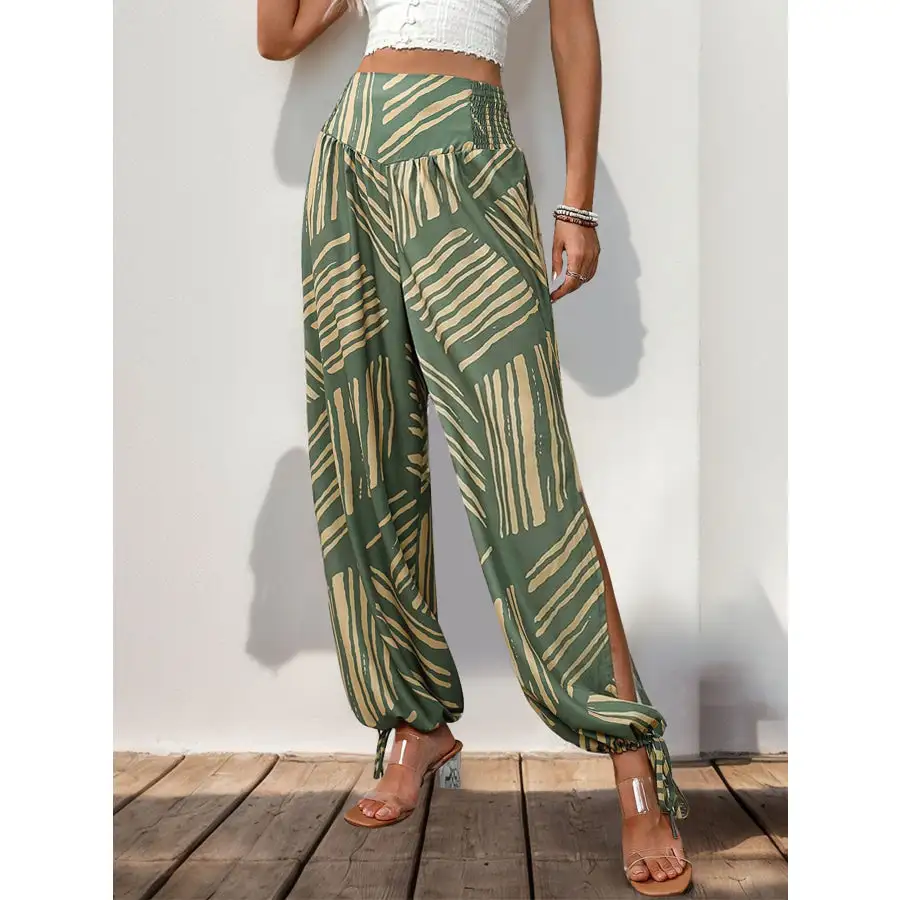 Smocked Slit Printed High Waist Pants