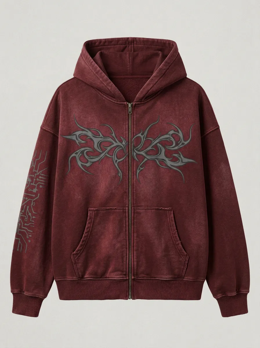 Unisex Streetwear Tribal Butterfly Circuit Printed Zip-up Hoodie