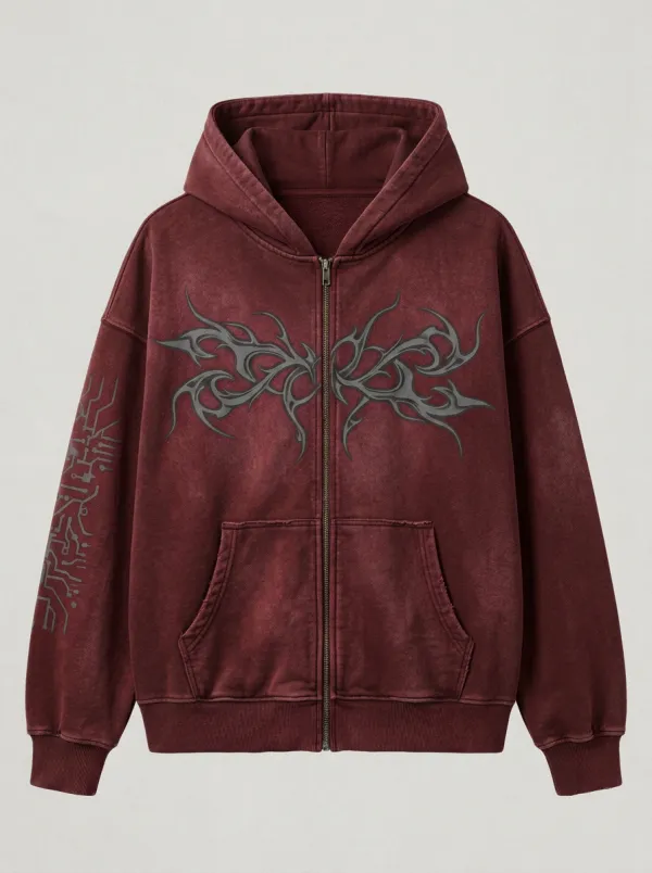Unisex Streetwear Tribal Butterfly Circuit Printed Zip-up Hoodie