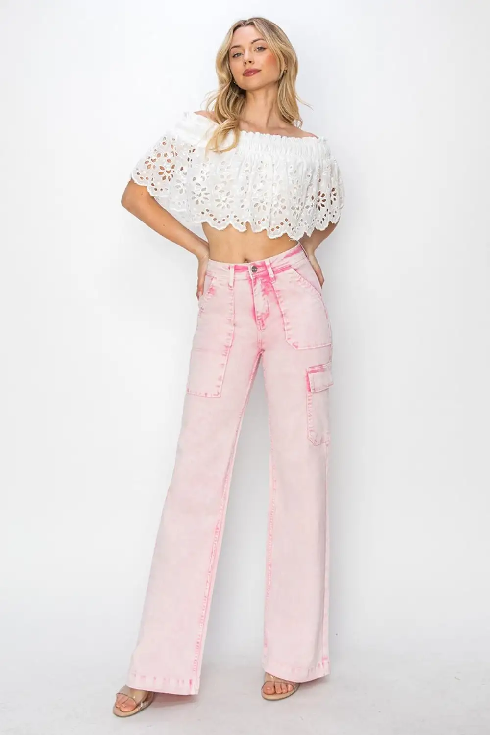 High Rise Wide Leg Cargo Pocket Denim Jeans