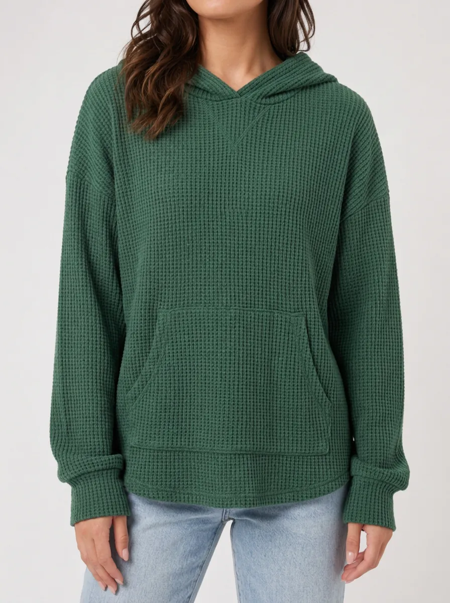Modern Weekend Waffle Knit Hooded Pullover Top