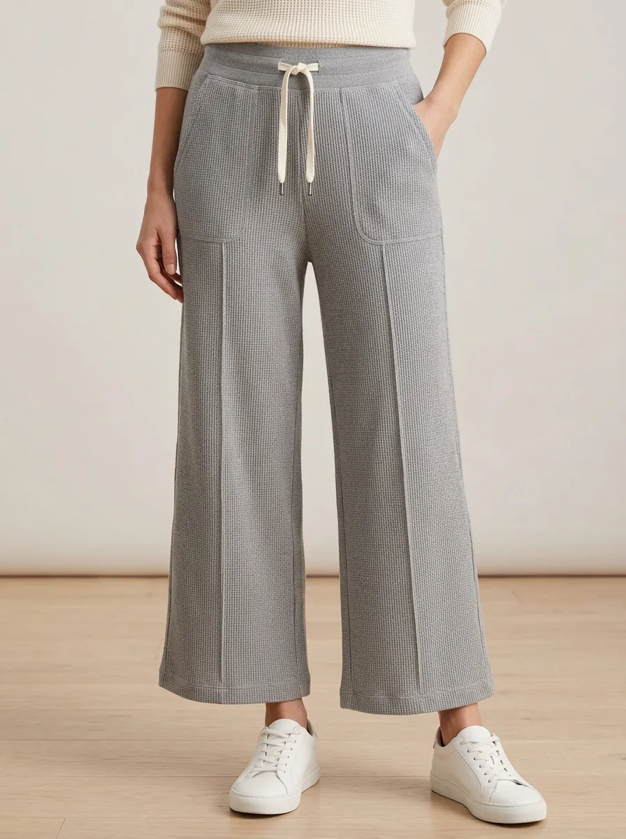 Women's Waffle Knit Drawstring Wide Leg Lounge Pants