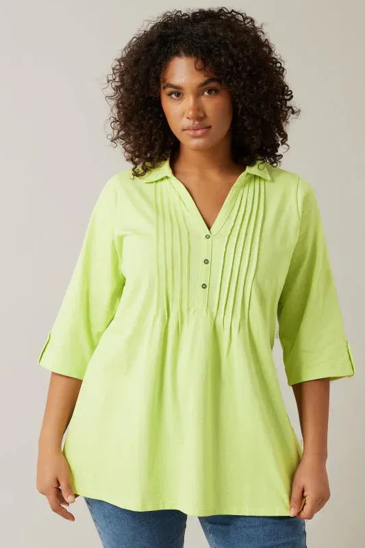 Chartreuse Green Pintuck Henley Top