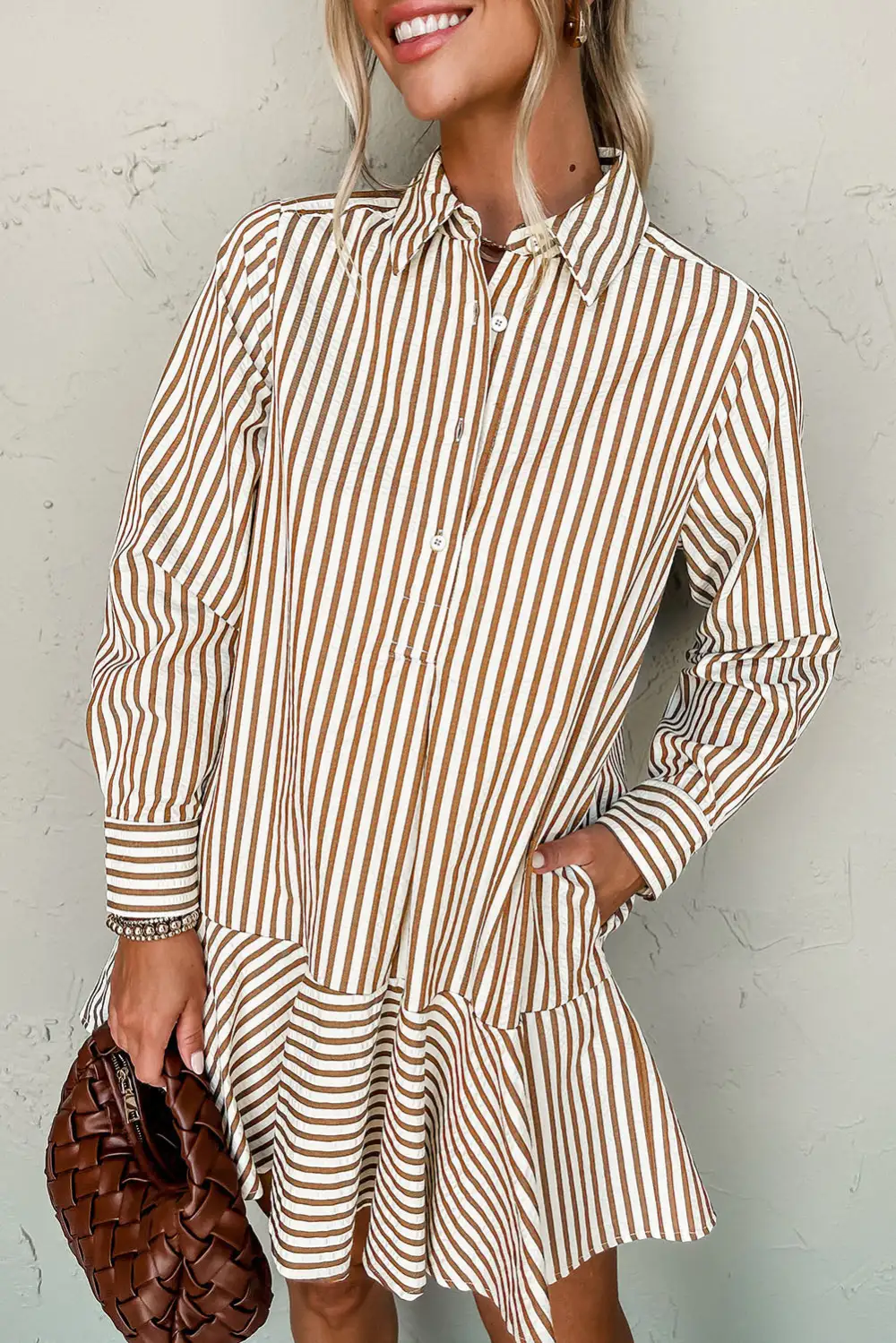 Striped Ruffle Trim Collared Mini Dress