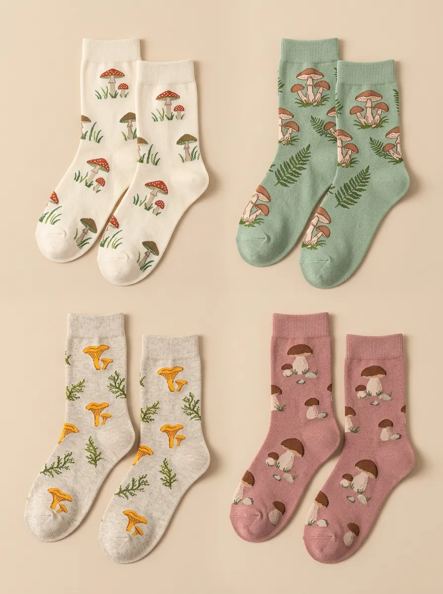 Women's Nature-Inspired Mushroom Fern Jacquard Crew Sock Set