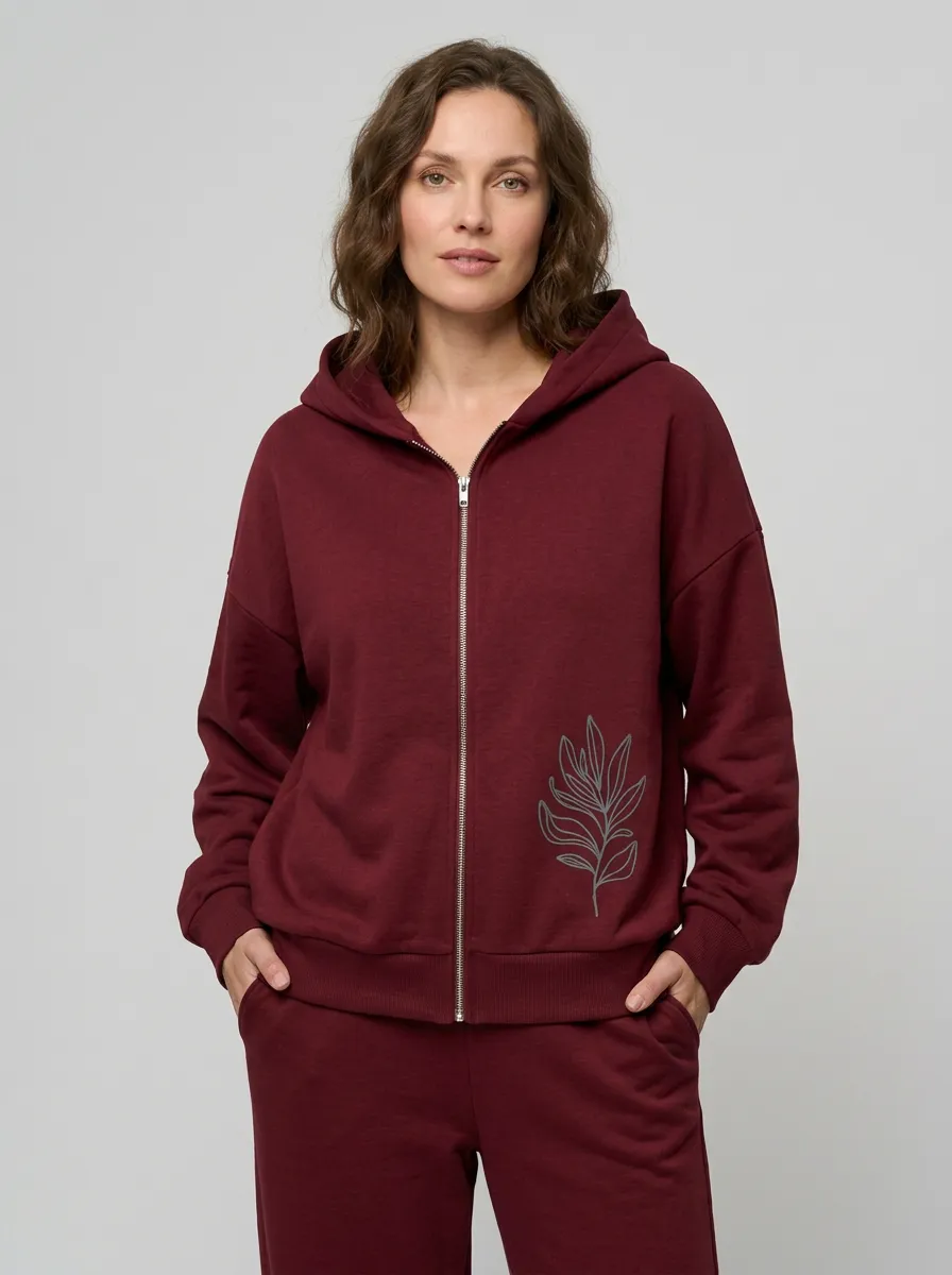 Women's Beige Botanical Graphic Zip-Up Hoodie Jacket & Wide-Leg Pants Set