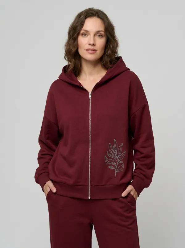 Women's Beige Botanical Graphic Zip-Up Hoodie Jacket & Wide-Leg Pants Set