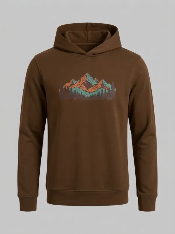 Men's Mountain Forest Graphic Pullover Ribbed-Cuff Crossover-Neck Hoodie