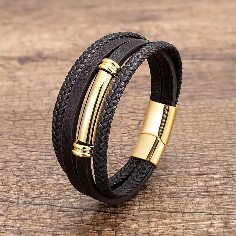 Multi Layered Simple Design Leather Titanium Steel Bracelet