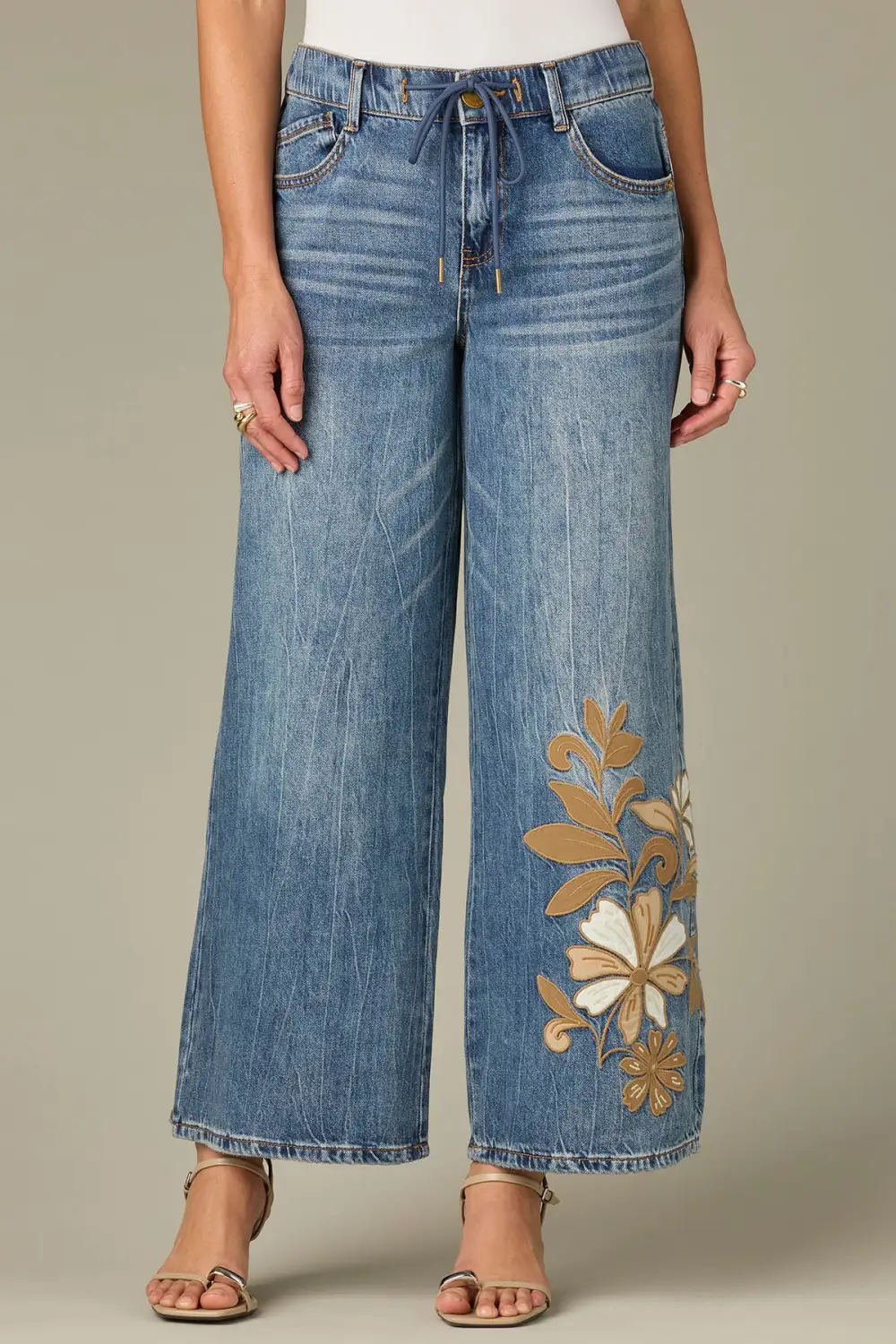 High Rise Drawstring Waist Floral Applique Wide Leg Jeans