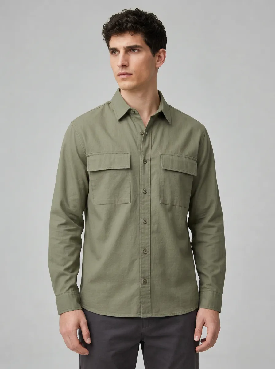 Men's Olive Green Utility Button-Down Shirt - Design B