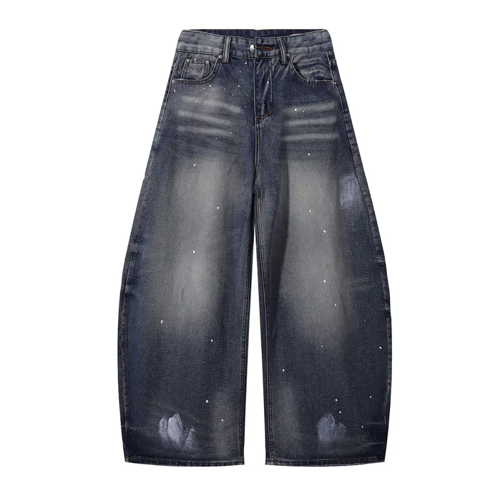 Wide Leg Distressed Splatter Print Denim Jeans