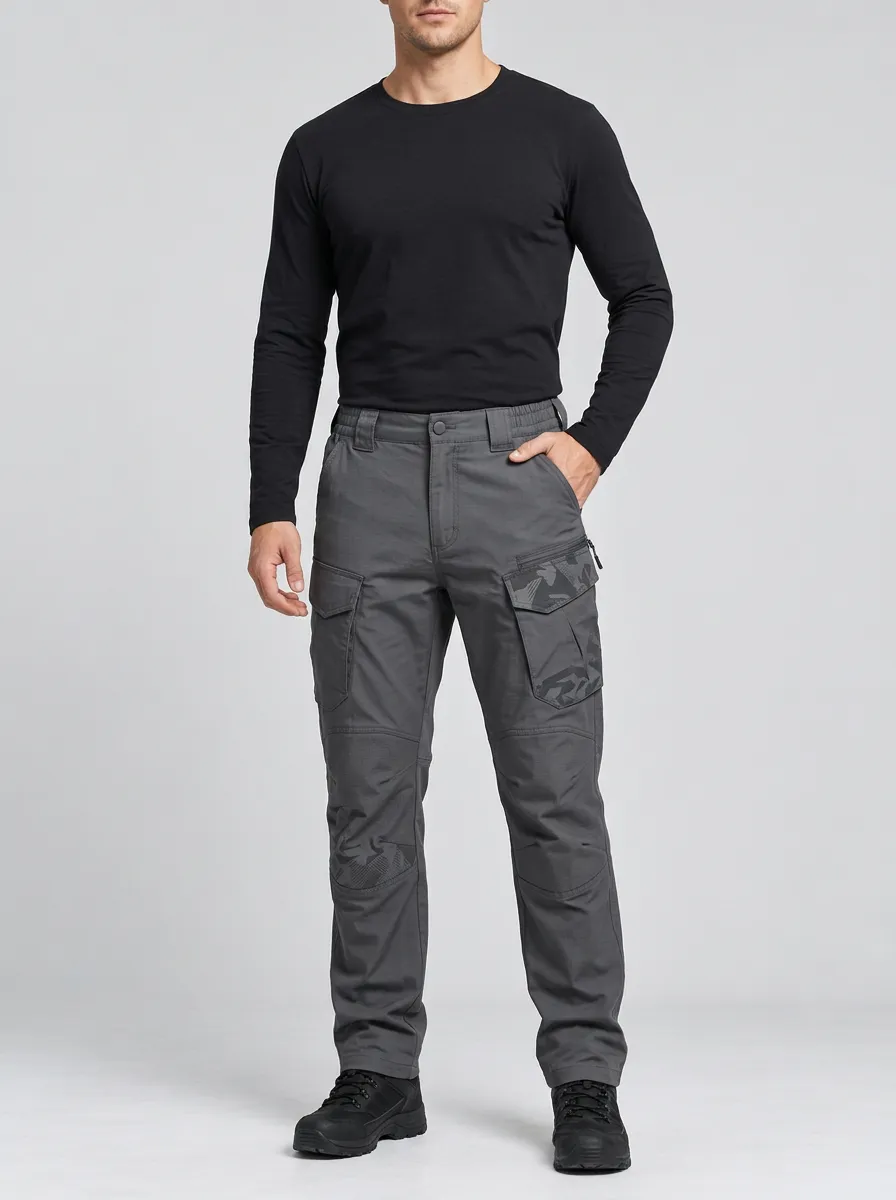 Men's Charcoal Grey Camo Multi-Pocket Reinforced Knee Integrated Webbing Belt Tactical Cargo Pants