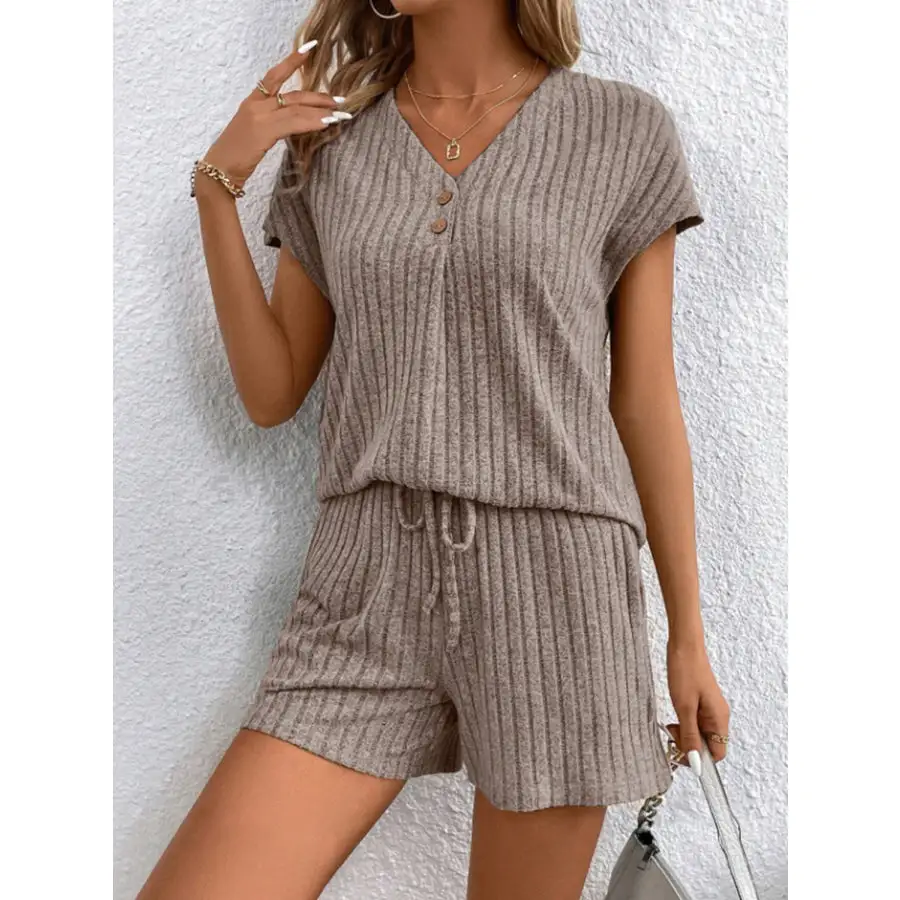 Ribbed V Neck Top and Shorts Set