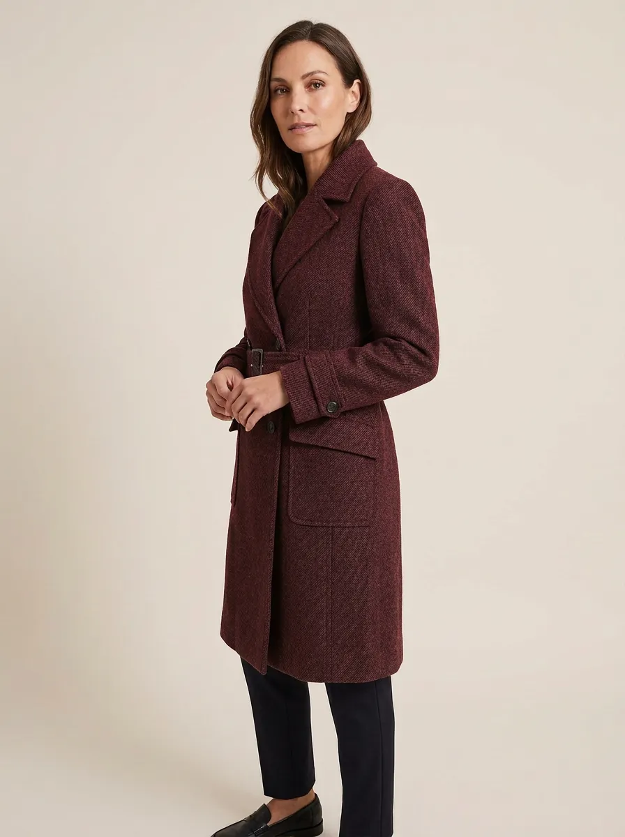 Women's Charcoal Gray Herringbone Belted Wool-Blend Coat