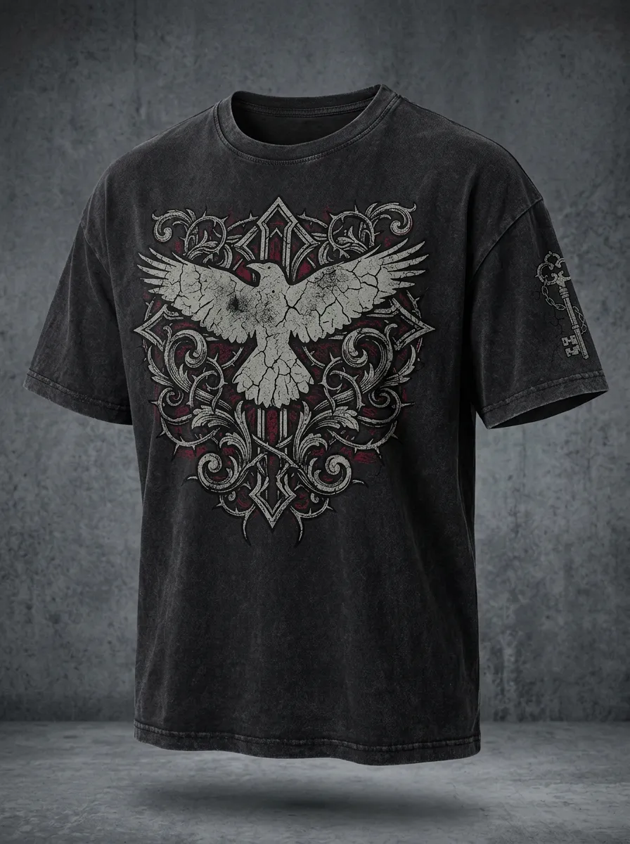 Statement Raven Cross Floral Dark Look Men's Gothic T-Shirt