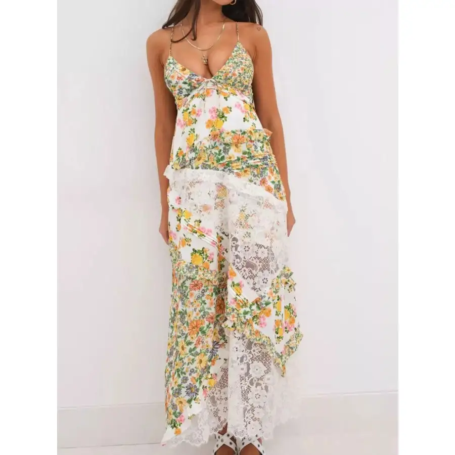 Lace Detail Ruffled Floral V Neck Maxi Dress