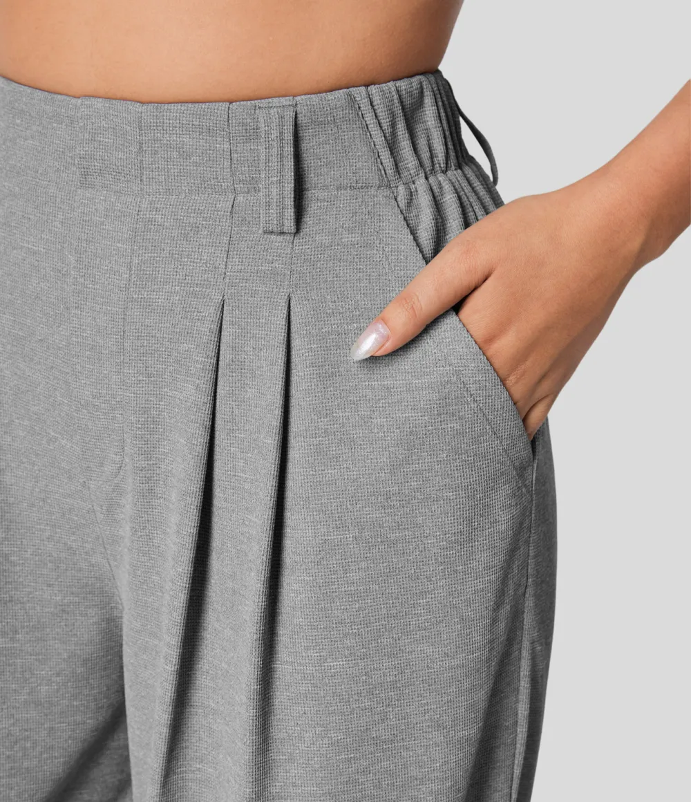 2026🔥  High Waisted Plicated Side Pocket Wide Leg Waffle Work Pants