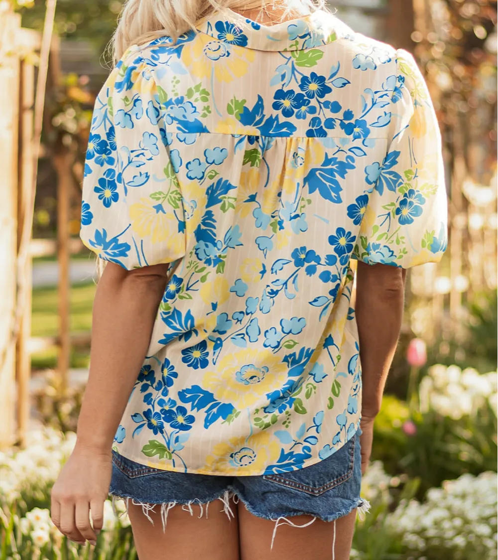 Everyday Striped Floral Puff Sleeve Blouse