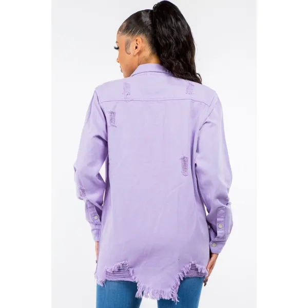 Frayed Hem Distressed Denim Jacket