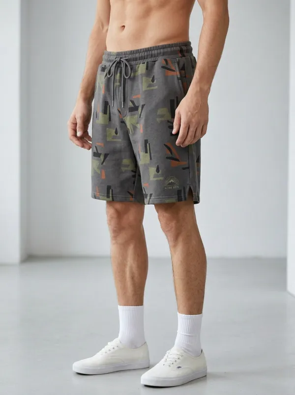 Men's Geometric Abstract Drawstring Elastic-Waist Printed Sweat Shorts