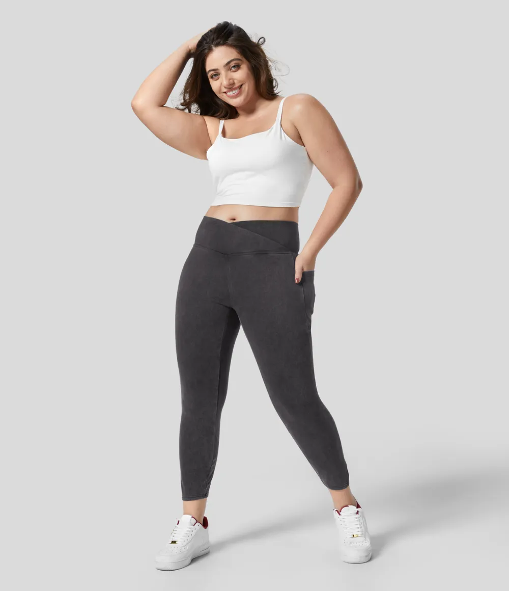 Magic Crossover Side Pocket Washed Stretchy Knit Denim Work Plus Size Leggings