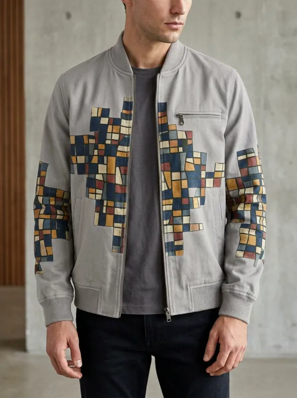 Men's Abstract Geometric Art Printed Bomber Jacket