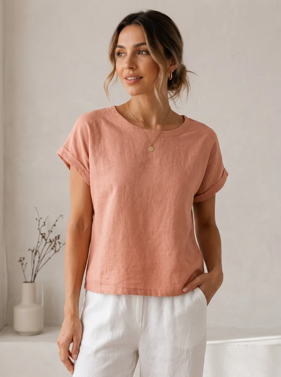 Women's Casual Minimalist Dusty Pink Rolled Sleeve Linen T-shirt