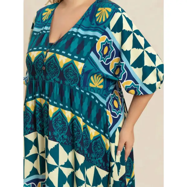 Plus Size V-Neck Half Sleeve Midi Dress