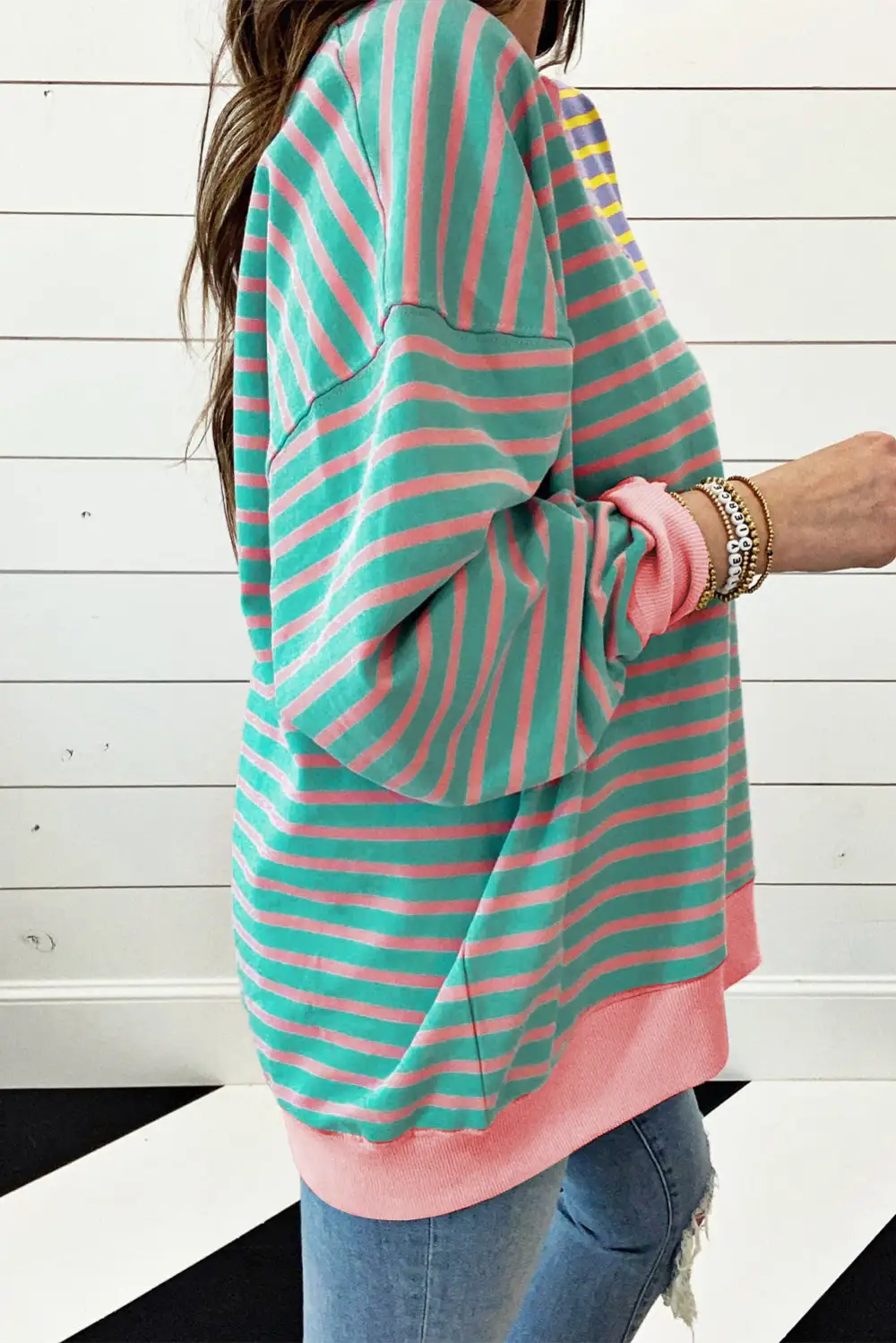 Casual Casual Stripe Color Block Drop Shoulder Oversized Sweatshirt