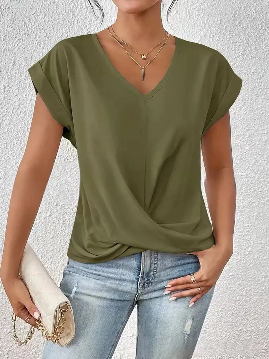 Relaxed Short Sleeve Pleat Detail V-Neck T-Shirt