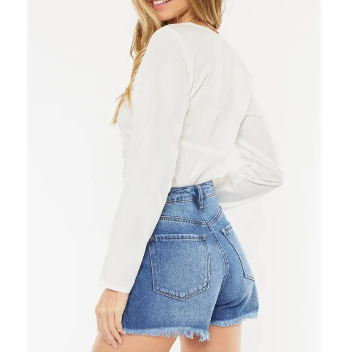 Distressed Button Fly High Waist Denim Shorts