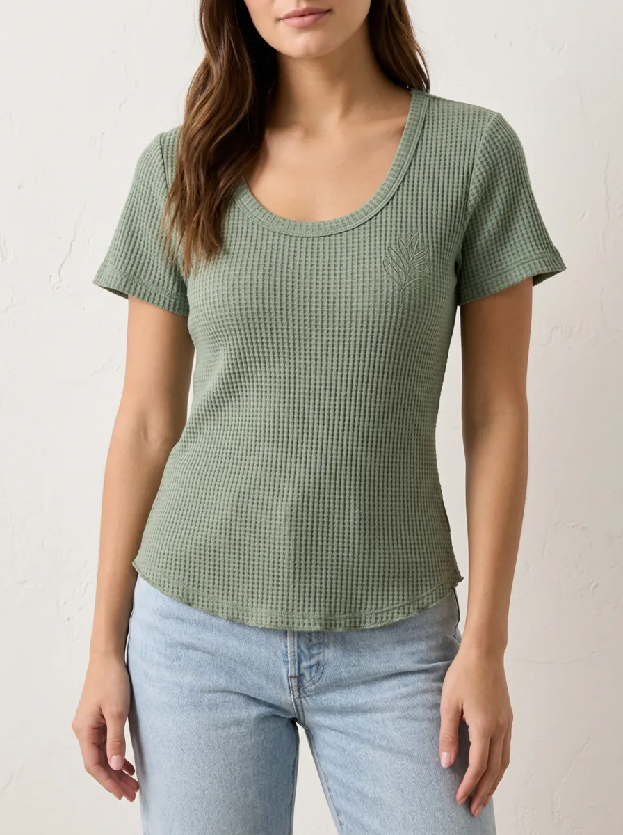 Relaxed Everyday Leaf Embroidered Waffle Knit Top