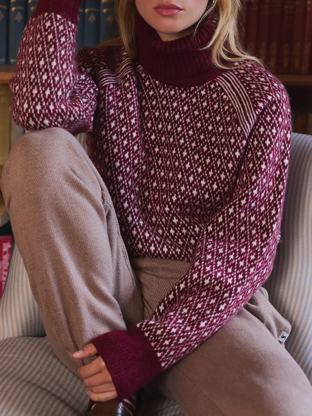Cream/Navy Patterned Jumper with Detachable Roll Neck