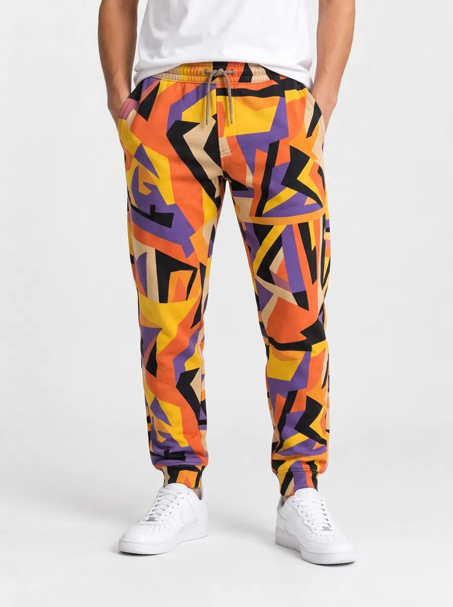 Men's Printed Joggers with Geometric Artwork