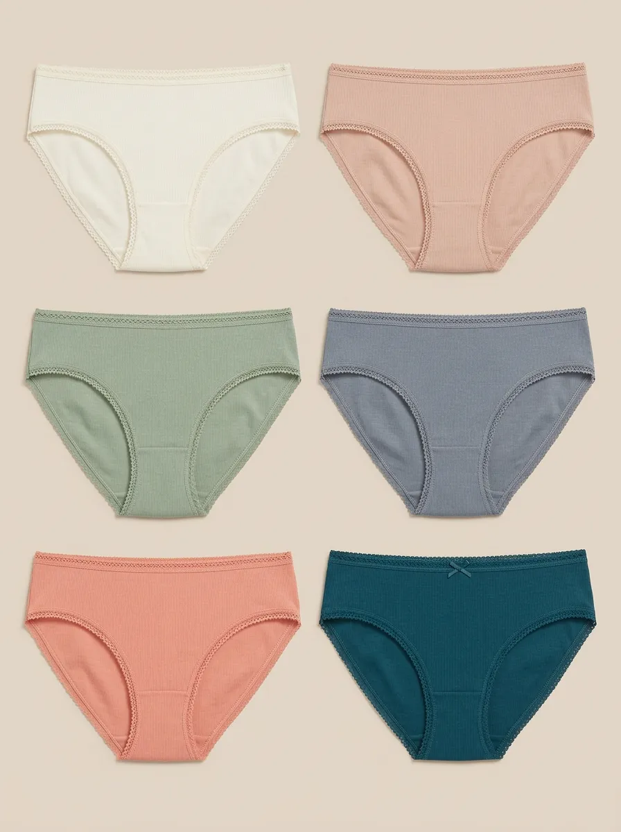 Women's Bow Detail Lace Trim Ribbed Mid-Rise Briefs 6-Pack