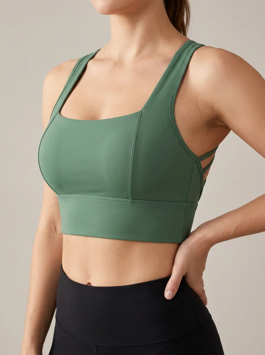 Women's Square Neck Strappy Back Zip Front Sports Bra