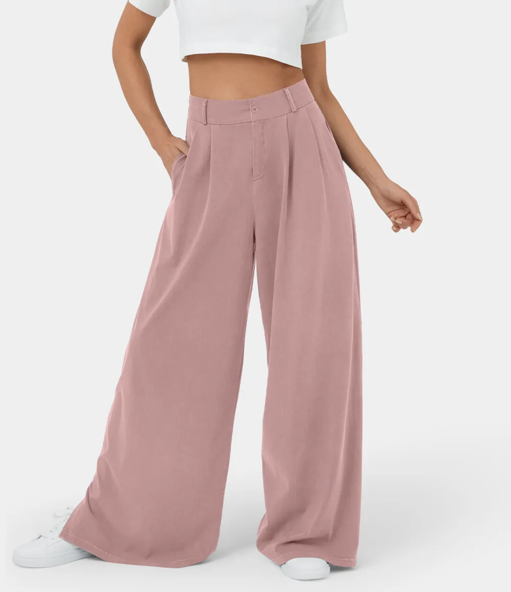 High Waisted Button Zipper Plicated Side Pocket Split Hem Wide Leg Casual Pants