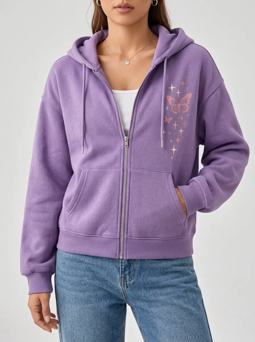 Women's Enchanting Butterfly and Stars Printed Zip Front Sweatshirt