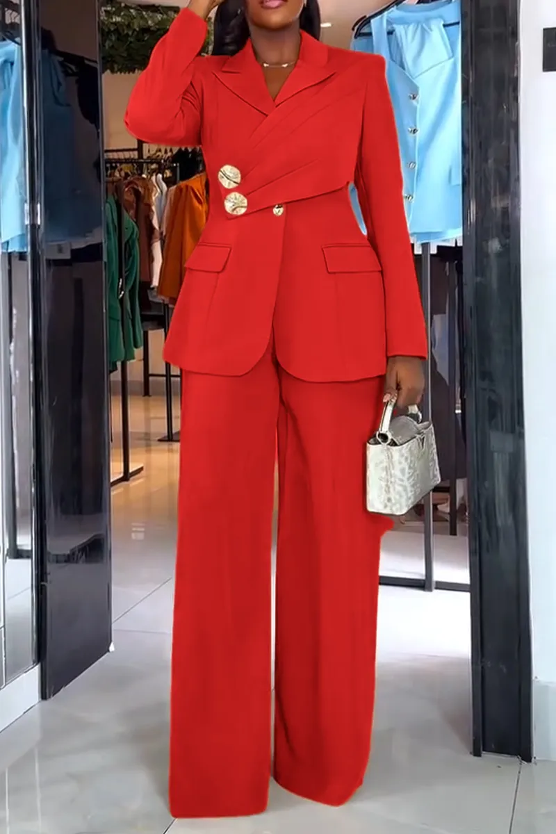 Women Collar Splicing Jacket+ Wide Leg Pants Temperament Commuting Formal Suit